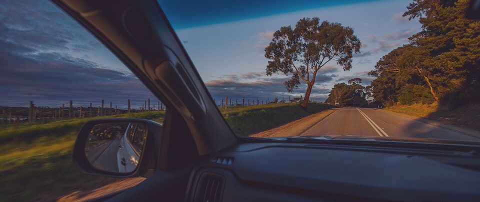 View of the Road and a Field through a Windshield